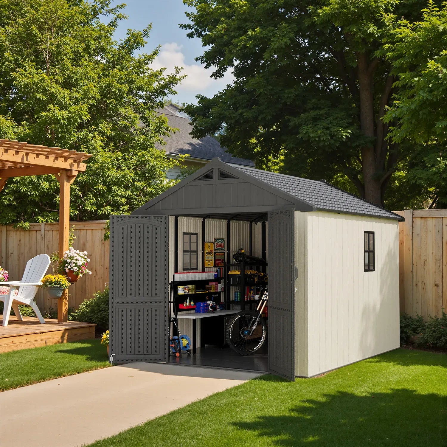 Kick-it 8x10 Plastic Storage Shed with Floor and Windows, Gray White